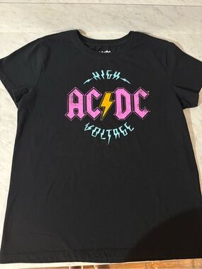 AC/DC Black Tee with Pink & Yellow Lightning Graphic